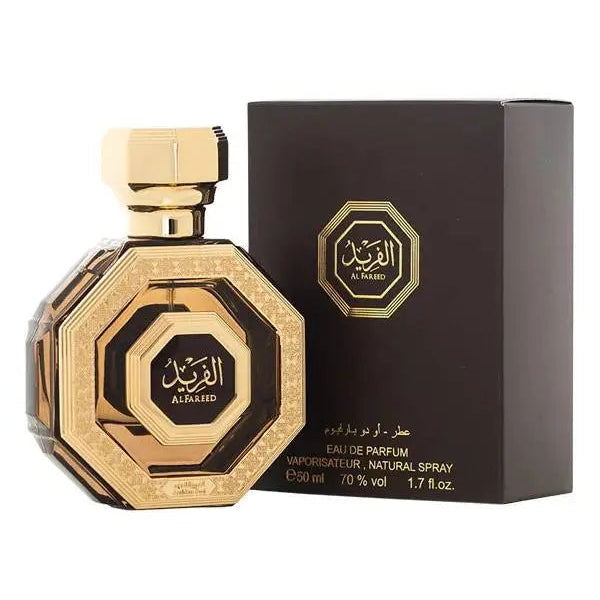 בושם Al Fareed מבית Arabian Oud לגברים 100 מ"ל, מבט חזיתי על בקבוק היוקרה המבטיח ניחוח עוצמתי וגברי.