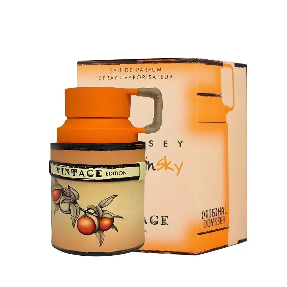 בושם Odyssey Mandarin Sky Vintage Edition מבית Armaf יוניסקס 100 מ"ל, מבט חזיתי על הבקבוק המעוצב בניחוח וינטג' יוקרתי.