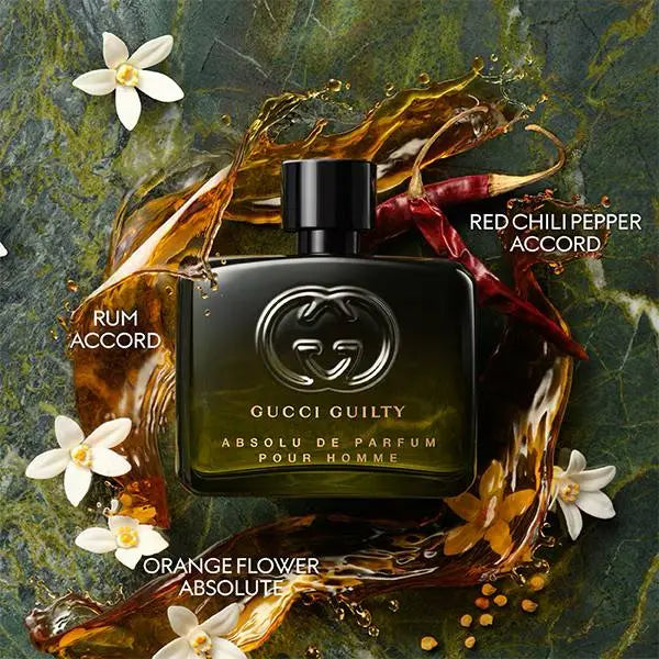בקבוק Gucci Guilty Absolu de Parfum Pour Homme Gucci – זווית אלגנטית