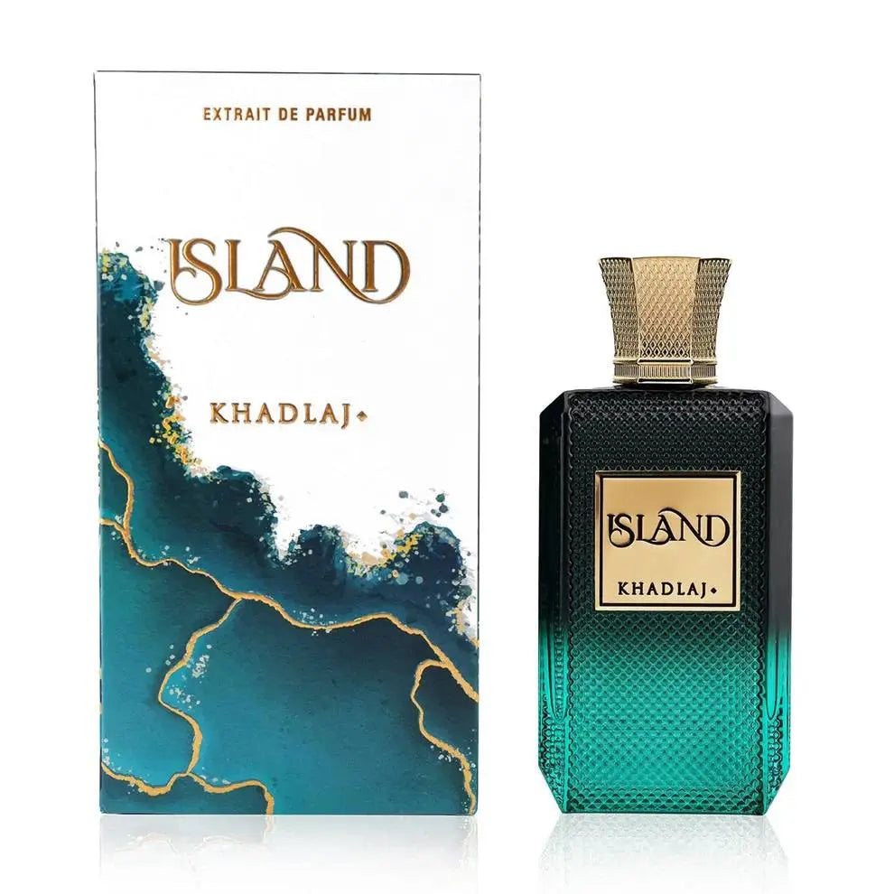 בושם Island (איסלנד) מבית Khadlaj יוניסקס 100 מ"ל, מבט חזיתי על בקבוק היוקרה המעוצב שמבטיח ניחוח טרופי עוצמתי.