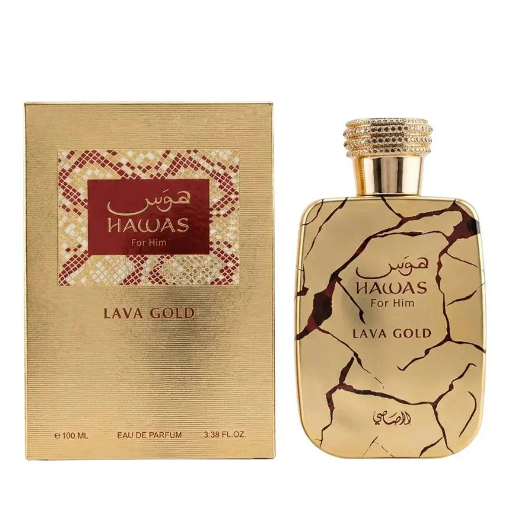 בושם Hawas Lava Gold מבית Rasasi לגברים 100 מ"ל, מבט חזיתי על בקבוק היוקרה המבטיח ניחוח גברי עוצמתי ומתובל.