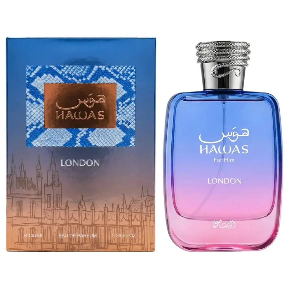 בושם Hawas London (הוואס לונדון) מבית Rasasi יוניסקס 100 מ"ל, מבט חזיתי על בקבוק היוקרה שמבטיח שובל ריח דומיננטי ומרשים.